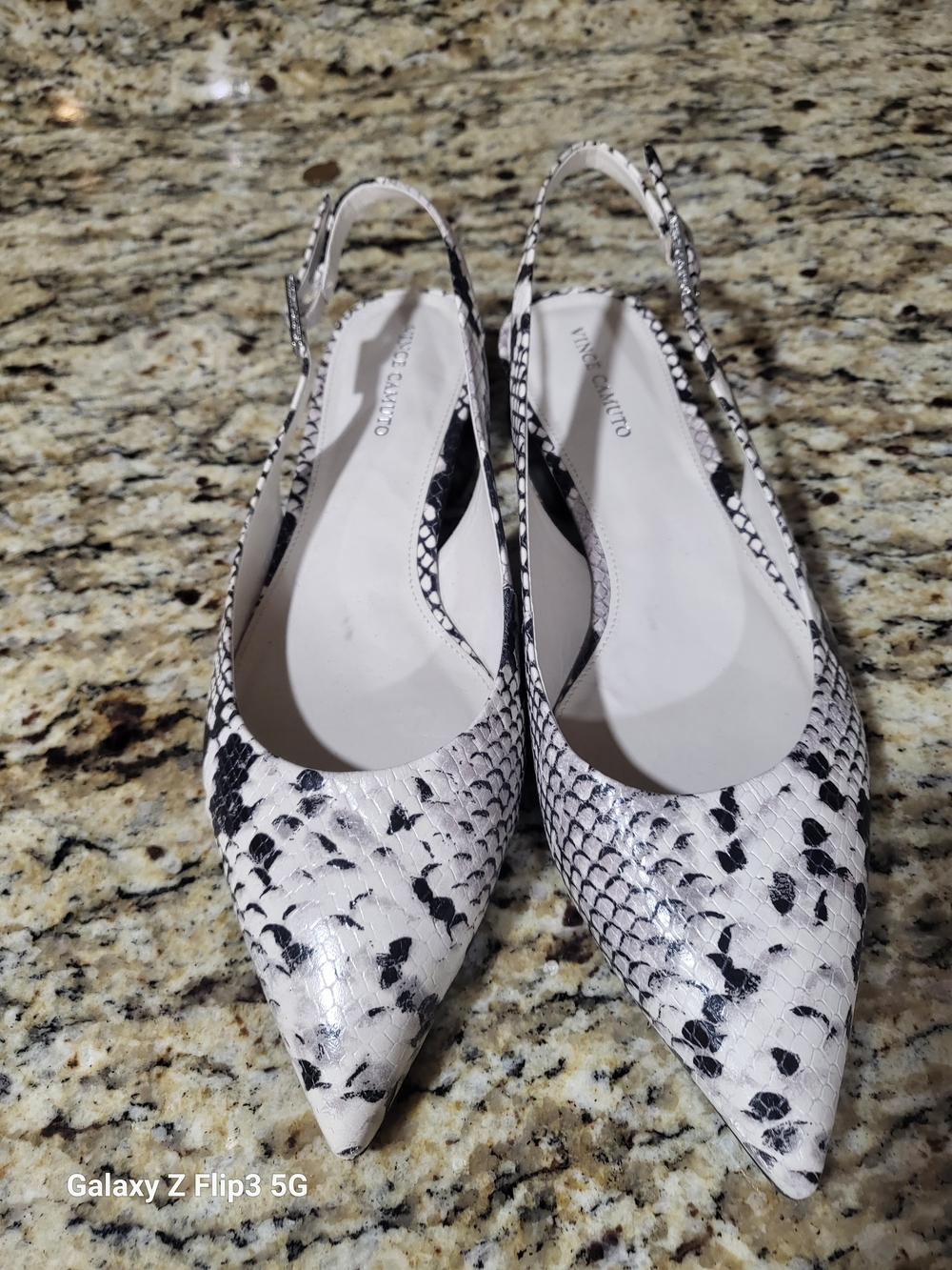 Vince Camuto White and Black Snake Print Slingback Flats